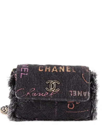 Pre-owned Chanel Denim Mood Flap Clutch With Chain Logo Printed Quilted Fringe Denim Crossbody Bag In Black