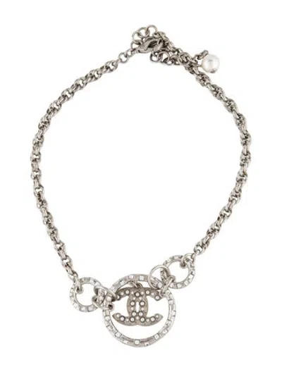 Pre-owned Chanel Faux Pearl & Strass Cc Double Link-chain Choker Necklace, 15.5" In Clear/white