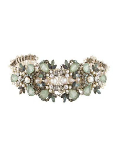 Pre-owned Chanel Faux Pearl & Strass Choker Necklace, 14" In Clear/green/white