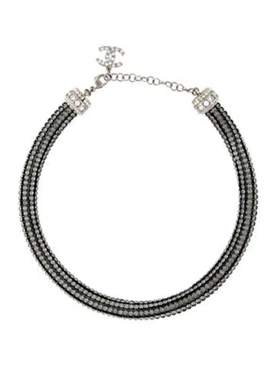 Pre-owned Chanel Faux Pearl & Strass Statement Choker Necklace, 15" In Black