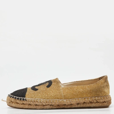 Pre-owned Chanel Gold/black Fabric Cc Logo Espadrilles Size 38
