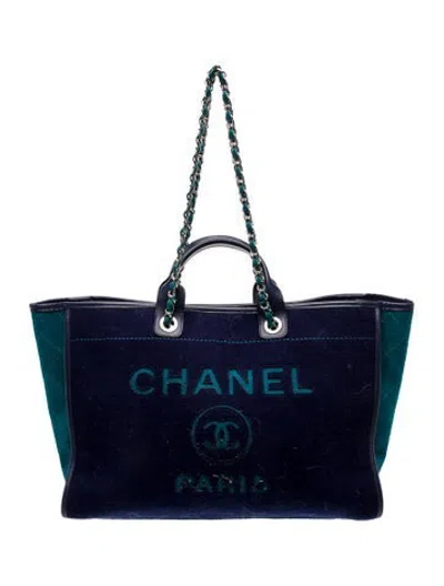 Pre-owned Chanel Large Wool Felt Deauville Tote In Blue