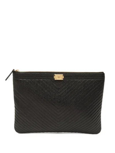 Pre-owned Chanel Medium Boy Chevron-stitched Clutch Bag In Black