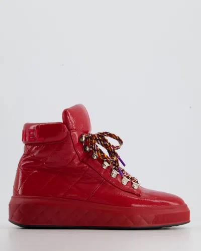 Pre-owned Chanel Patent Leather High Top Sneakers Shoes In Red