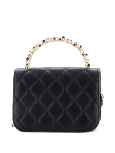 Pre-owned Chanel Pearl Cc Flap Top Handle Clutch With Chain Embellished Quilted Lambskin Small Satchel In Black