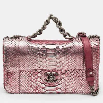 Pre-owned Chanel Perfect Edge Medium Metallic Pink/silver Python Double Flap Bag