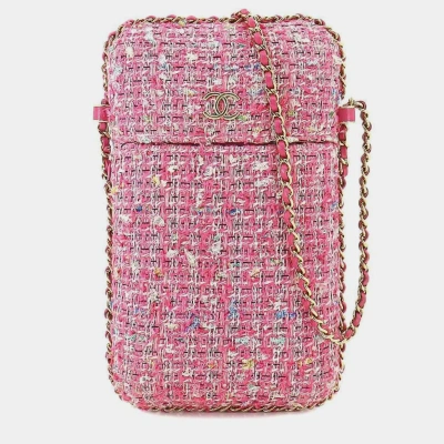 Pre-owned Chanel Pink Tweed Chain Around Phone Holder Crossbody Bag
