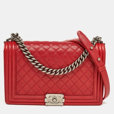 Pre-owned Chanel Red Quilted Caviar Leather New Medium Boy Bag