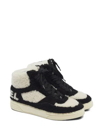 Pre-owned Chanel Shearling High-top Sneakers In Black