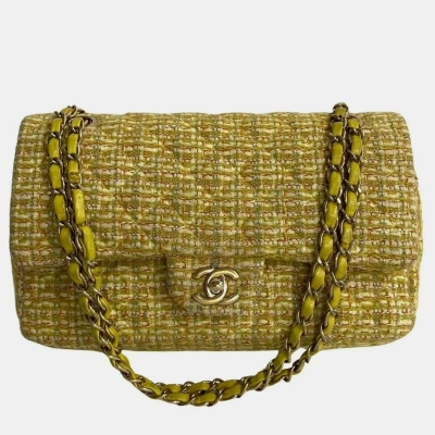 Pre-owned Chanel Tweed Small Classic Double Flap Shoulder Bags In Yellow