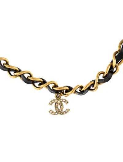 Pre-owned Chanel Vintage Patent Leather & Strass Cc Choker Necklace, 15" In Black