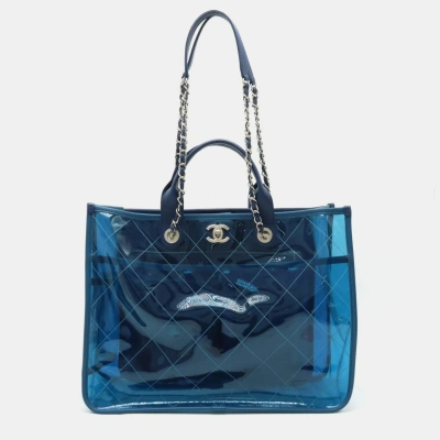 Pre-owned Chanel Vinyl Clear Blue Large Coco Splash Tote