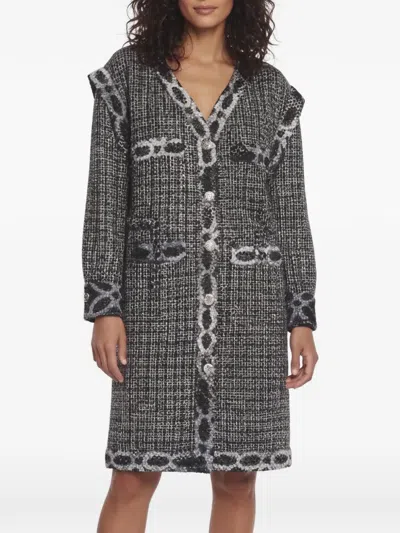 Pre-owned Chanel V-neck Tweed Coat In Silver