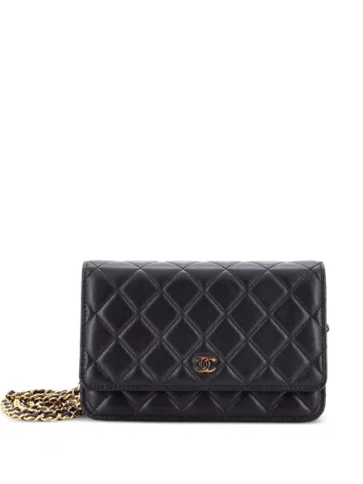 Pre-owned Chanel Wallet On Chain Quilted Lambskin Crossbody Bag In Black