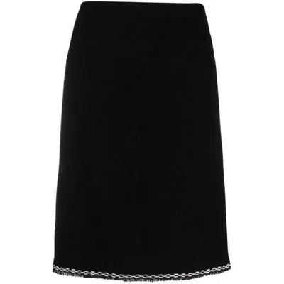 Pre-owned Chanel Y2k Black Wool Midi Skirt With Frayed Hem & White Embroidered Detail