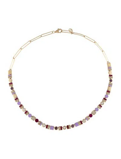 Pre-owned Charms Company 14k Enamel, Amethyst & Diamond Les Bonbons Collar Necklace, 16" In Multicolor