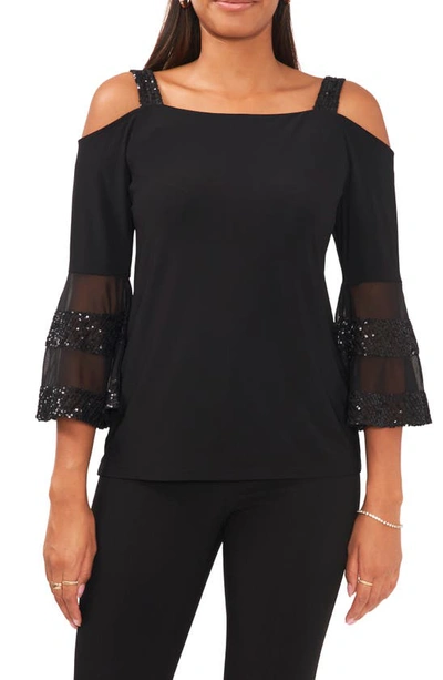 Chaus Cold Shoulder Bell Sleeve Top In Black/ Gunmetal