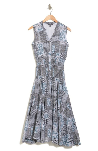 Chelsea And Theodore Printed Broomstick Sleeveless Dress In Black/ Blue Mosiac Patchwork