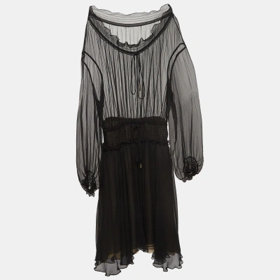Pre-owned Chloé Black Crinkle Silk Tie-up Detail Ruffled Midi Dress S