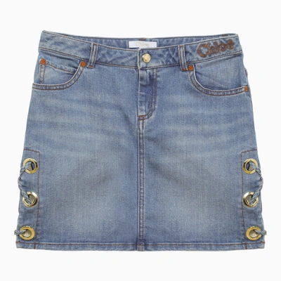 Chloé Kids' Denim Mini Skirt With Eyelets In Blue