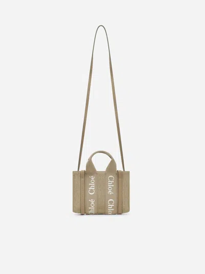 Chloé Mini Sac Cabas Woody En Toile De Lin Femme Beige Taille Onesize 100% Lin, Cuir De Veau, Polyester