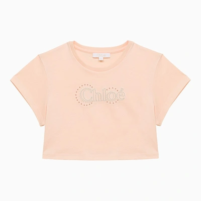 Chloé Kids' Pale Pink Cotton Cropped T-shirt With Logo