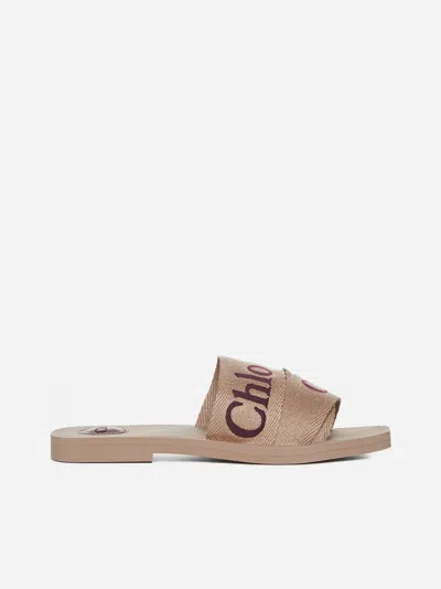 Chloé Woody Canvas Slides In Tan Rose
