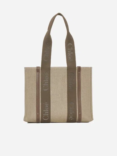 Chloé Woody Linen Medium Tote Bag In Brown