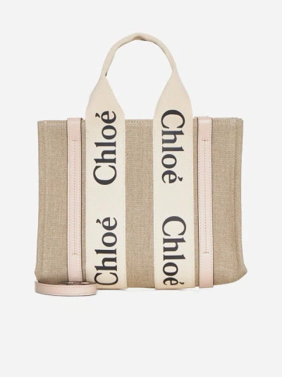Chloé Woody Linen Small Tote Bag In Cement Pink