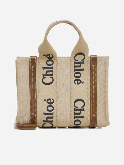 Chloé Woody Linen Small Tote Bag In Bronze Brown