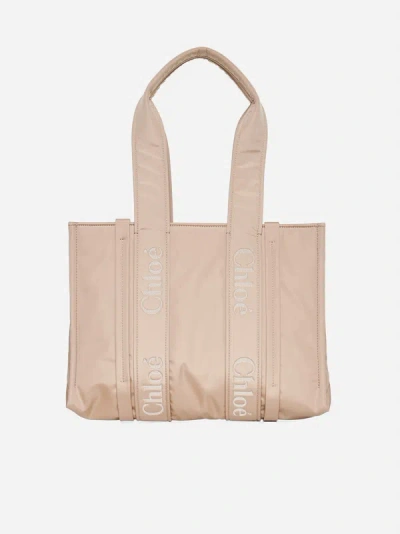 Chloé Woody Medium Leather Nylon Bag In Rose Dust
