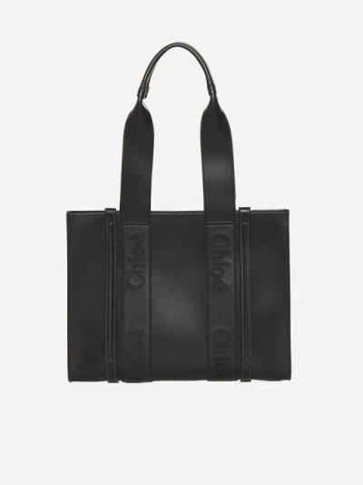 Chloé Woody Medium Leather Tote Bag In Black