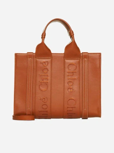 Chloé Woody Medium Leather Tote Bag In Brown