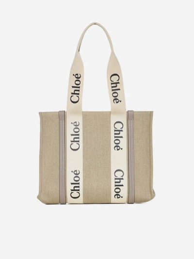 Chloé Woody Medium Linen Tote Bag In Musk Grey