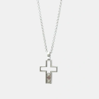 Pre-owned Chopard 18k White Gold Diamond And Sapphire Happy Diamond Cross Pendant Necklace