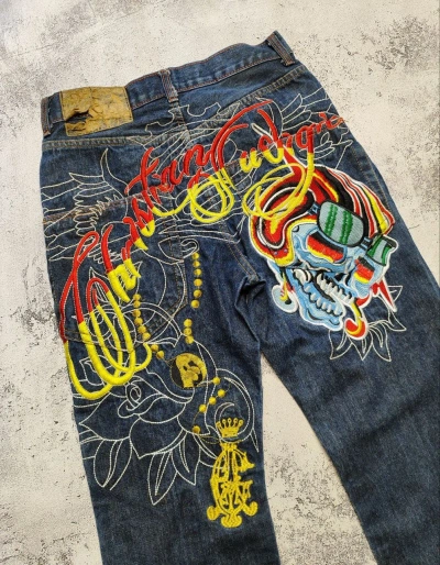 Pre-owned Christian Audigier X Ed Hardy Crazy Vintage Christian Audigier Denim Ed Hardy Jeans In Blue