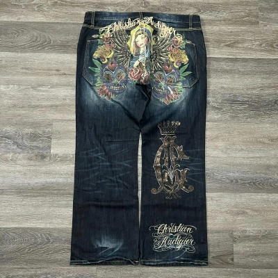 Pre-owned Christian Audigier X Ed Hardy Crazy Vintage Y2k Christian Audigier Baggy Embroidered In Navy