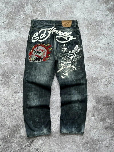 Pre-owned Christian Audigier X Ed Hardy Vintage Ed Hardy Christian Audigier Japanese Jeans Pants In Blue Grey