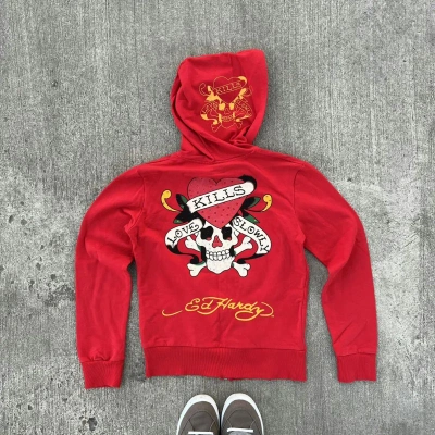 Pre-owned Christian Audigier X Ed Hardy Vintage Ed Hardy Hoodie In Red