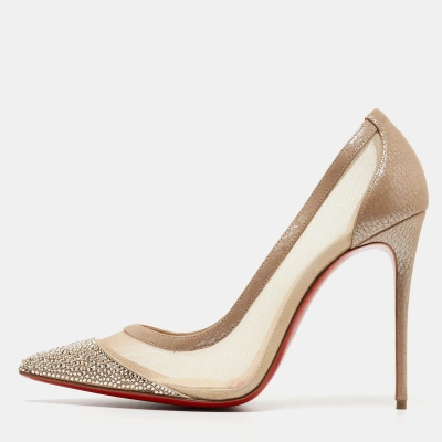 Pre-owned Christian Louboutin Beige Mesh And Laminated Suede Galativi Strass Pumps Size 41
