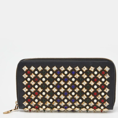 Pre-owned Christian Louboutin Black Leather Spikes Panettone Zip Around Wallet