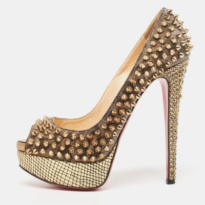 Pre-owned Christian Louboutin Gold Lurex Fabric Lady Peep Spike Pumps Size 35.5