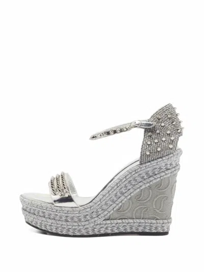 Pre-owned Christian Louboutin Madmonica Spiked Wedge Sandals In Silver