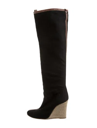 Pre-owned Christian Louboutin Stripe Wedge Leather Trim Embellishment Boots In Black