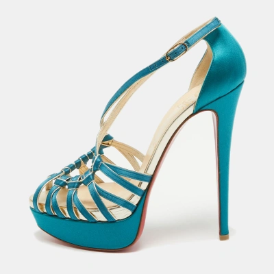 Pre-owned Christian Louboutin Teal Satin Knotted Strappy Platform Sandals Size 39 In Blue