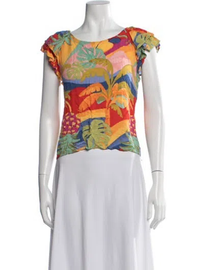 Pre-owned Christian Siriano Floral Print Scoop Neck Top In Green