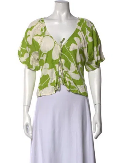 Pre-owned Christian Siriano Floral Print V-neck Top In Green