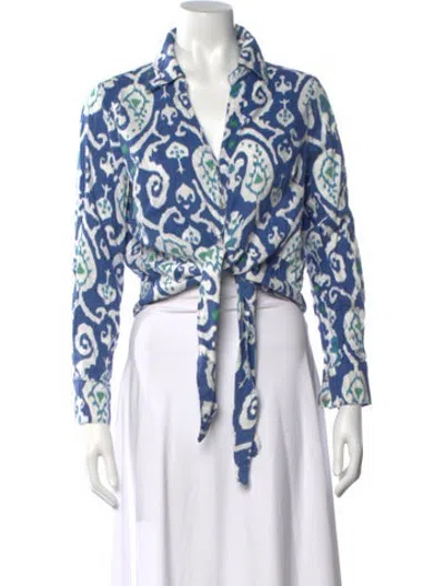 Pre-owned Christian Siriano Patterned V-neck Button-up Top In Blue/white