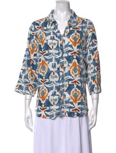 Pre-owned Christian Siriano Printed V-neck Blouse In Blue