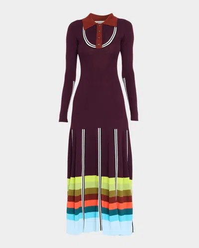 Christopher John Rogers Striped Rib Long-sleeve Maxi Polo Dress In Purple